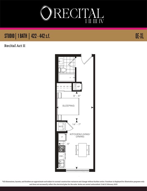 A floor plan for a studio apartment at Orecital.